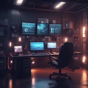 A dark industrial desk from the future with many monitors, Photo Realistic, Volumetric light effect, Octane Render, Unreal Engine, Ambient Occlusion, Maximalism, Industrial by Beeple