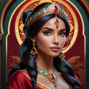 Matte portrait of the beautiful Princess Jasmine in dark red, 8k, Highly Detailed, Intricate, Realistic, Sharp Focus, Volumetric Lighting, Fantasy, Elegant by Stanley Artgerm Lau, Alphonse Mucha, WLOP, Stefan Kostic