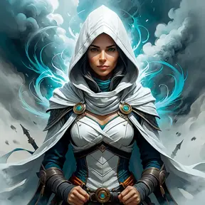 White hooded female assassin emerging from the fog of war, Highly Detailed, Vibrant Colors, Ink Art, Fantasy, Dark by Peter Mohrbacher