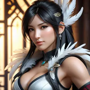 Alluring matte portrait of a beautiful Tifa Lockhart wearing feathers, 8k, Highly Detailed, Intricate, Half Body, Realistic, Sharp Focus, Volumetric Lighting, Fantasy, Elegant by Stanley Artgerm Lau, Alphonse Mucha, WLOP