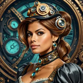 Steampunk portrait of Eva Mendes, Highly Detailed, Intricate, Artstation, Beautiful, Digital Painting, Sharp Focus, Concept Art, Elegant