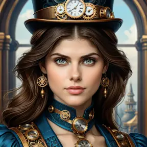 Steampunk portrait of Alexandra Daddario, Highly Detailed, Intricate, Artstation, Beautiful, Digital Painting, Sharp Focus, Concept Art, Elegant