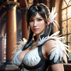 Alluring matte portrait of a beautiful Tifa Lockhart wearing feathers, 8k, Highly Detailed, Intricate, Half Body, Realistic, Sharp Focus, Volumetric Lighting, Fantasy, Elegant by Stanley Artgerm Lau, Alphonse Mucha, WLOP