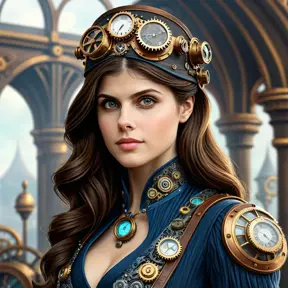 Steampunk portrait of Alexandra Daddario, Highly Detailed, Intricate, Artstation, Beautiful, Digital Painting, Sharp Focus, Concept Art, Elegant