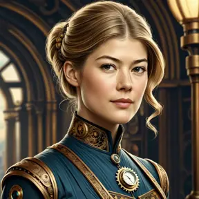 Steampunk portrait of Rosamund Pike, Highly Detailed, Intricate, Artstation, Beautiful, Digital Painting, Sharp Focus, Concept Art, Elegant