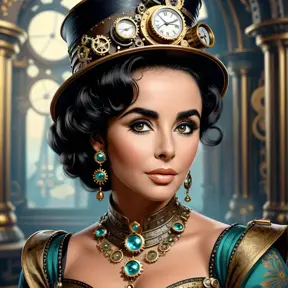 Steampunk portrait of Elizabeth Taylor, Highly Detailed, Intricate, Artstation, Beautiful, Digital Painting, Sharp Focus, Concept Art, Elegant