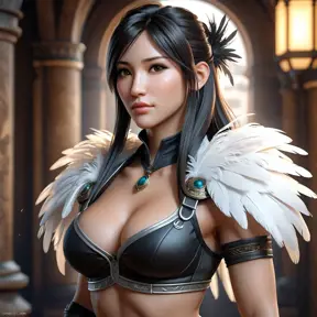 Alluring matte portrait of a beautiful Tifa Lockhart wearing feathers, 8k, Highly Detailed, Intricate, Half Body, Realistic, Sharp Focus, Volumetric Lighting, Fantasy, Elegant by Stanley Artgerm Lau, Alphonse Mucha, WLOP