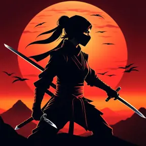 Silhouette of a ninja assassin with her drawn daggers in front of a red sunset, Ambient Lighting, Fantasy, Dark