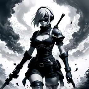 Silhouette of Nier Automata emerging from the fog of war, ink splash, Highly Detailed, Vibrant Colors, Ink Art, Fantasy, Dark by Stanley Artgerm Lau