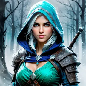 Hooded Ciri from the Witcher emerging from the fog of war, ink splash, Highly Detailed, Vibrant Colors, Ink Art, Fantasy, Dark by Stanley Artgerm Lau