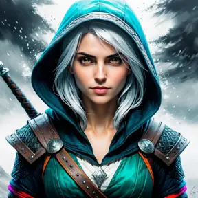 Hooded Ciri from the Witcher emerging from the fog of war, ink splash, Highly Detailed, Vibrant Colors, Ink Art, Fantasy, Dark by Stanley Artgerm Lau