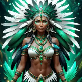 Visionary painting of an alluring mystical tribal goddess surrounded by feathers and emerald gemstones, 8k, Highly Detailed, Intricate, Artstation, Matte Painting, Sharp Focus, Volumetric Lighting, Concept Art by Stanley Artgerm Lau, Greg Rutkowski