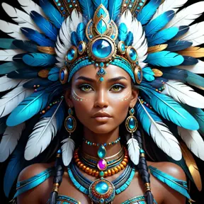 A visionary painting of a single alluring electronic mystical tribal goddess surrounded by feathers and gemstones, 8k, Highly Detailed, Intricate, Artstation, Matte Painting, Sharp Focus, Volumetric Lighting, Concept Art by Stanley Artgerm Lau, Greg Rutkowski