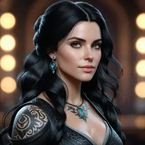 Matte portrait of Yennefer with tattoos, 8k, Highly Detailed, Alluring, Artstation, Bokeh effect, Sharp Focus, Volumetric Lighting, Concept Art by Stanley Artgerm Lau, Greg Rutkowski