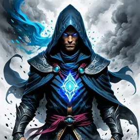 Hooded Mage emerging from the fog of war, ink splash, Highly Detailed, Vibrant Colors, Ink Art, Fantasy, Dark by Stanley Artgerm Lau