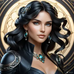 Alluring matte portrait of the beautiful goddess Selene in black leather, 8k, Highly Detailed, Intricate, Realistic, Sharp Focus, Volumetric Lighting, Fantasy, Elegant by Stanley Artgerm Lau, Alphonse Mucha, WLOP