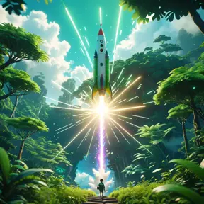 Studio ghibli, rocket explosion, jungle, solar, green technology, optimist future, 8k, Bokeh effect, Cinematic Lighting, Octane Render, Iridescence, Vibrant by Beeple, Asher Brown Durand, Dan Mumford, Greg Rutkowski, WLOP