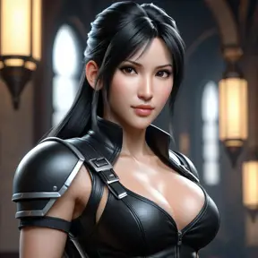 Alluring matte portrait of a beautiful Tifa Lockhart wearing black leather, 8k, Highly Detailed, Intricate, Half Body, Realistic, Sharp Focus, Volumetric Lighting, Fantasy, Elegant by Stanley Artgerm Lau, WLOP