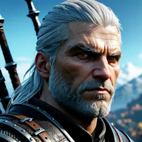 Heavily armed Geralt in The Witcher 3 style, 4k, Highly Detailed, Beautiful, Cinematic Lighting, Sharp Focus, Volumetric Lighting, Closeup Portrait, Concept Art