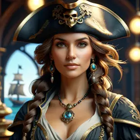 Alluring matte portrait of a beautiful female Pirate, 8k, Highly Detailed, Intricate, Half Body, Realistic, Sharp Focus, Volumetric Lighting, Fantasy, Elegant by Alphonse Mucha