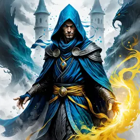 Hooded Mage emerging from the fog of war, ink splash, Highly Detailed, Vibrant Colors, Ink Art, Fantasy, Dark by Stanley Artgerm Lau