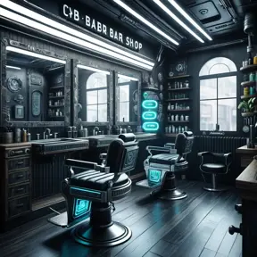 inside of a cyberpunk barber shop, 8k, Dystopian, High Definition, Highly Detailed, Hyper Detailed, Intricate, Intricate Artwork, Intricate Details, Ultra Detailed, Cgsociety, Cybernatic and Sci-Fi, Post-Apocalyptic, Futuristic, Sci-Fi, Science Fiction, Matte Painting, Sharp Focus by Stefan Kostic