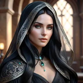 Alluring matte portrait of a beautiful veiled Yennefer wearing a black veil with long straight hair, 8k, Highly Detailed, Intricate, Half Body, Realistic, Sharp Focus, Volumetric Lighting, Fantasy, Elegant by Stanley Artgerm Lau, Alphonse Mucha, WLOP