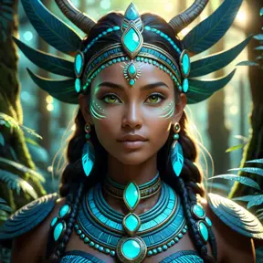 Closeup of a beautiful tribal goddess in a magical forest, 4k, Highly Detailed, Masterpiece, Pretty Face, Digital Illustration, Cinematic Lighting, Realistic, Sharp Focus, Centered, Beautifully Lit, Bioluminescent by Stanley Artgerm Lau