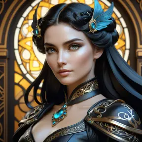 Alluring matte portrait of a beautiful Morgana in black leather, 8k, Highly Detailed, Intricate, Half Body, Realistic, Sharp Focus, Volumetric Lighting, Fantasy, Elegant by Stanley Artgerm Lau, Alphonse Mucha, WLOP, Stefan Kostic