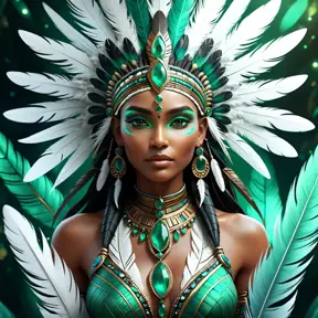 Visionary painting of an alluring mystical tribal goddess surrounded by feathers and emerald gemstones, 8k, Highly Detailed, Intricate, Artstation, Matte Painting, Sharp Focus, Volumetric Lighting, Concept Art by Stanley Artgerm Lau, Greg Rutkowski