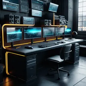 A dark industrial desk from the future with many monitors, Photo Realistic, Volumetric light effect, Octane Render, Unreal Engine, Ambient Occlusion, Maximalism, Industrial by Beeple