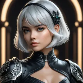 Alluring matte portrait of a beautiful 2B wearing black leather, 8k, Highly Detailed, Intricate, Half Body, Realistic, Sharp Focus, Volumetric Lighting, Fantasy, Elegant by Stanley Artgerm Lau, WLOP