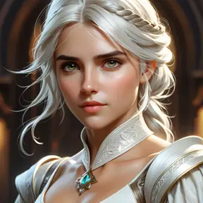 Closeup of Ciri in a white dress, Highly Detailed, Intricate, Artstation, Beautiful, Digital Painting, Sharp Focus, Concept Art, Elegant by Stanley Artgerm Lau, Alphonse Mucha, Greg Rutkowski