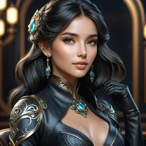 Alluring matte portrait of a beautiful Sona in black leather, 8k, Highly Detailed, Intricate, Half Body, Realistic, Sharp Focus, Volumetric Lighting, Fantasy, Elegant by Stanley Artgerm Lau, Alphonse Mucha, WLOP, Stefan Kostic