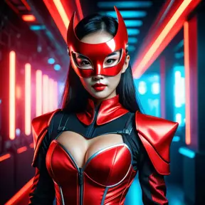 Asian cyberpunk feme fatale in expensive red dress with mask at a masquerade ball smart but dangerous in a high-tech club., Cyberpunk, Photo Realistic