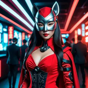 Asian cyberpunk feme fatale in expensive red dress with mask at a masquerade ball smart but dangerous in a high-tech club., Cyberpunk, Photo Realistic