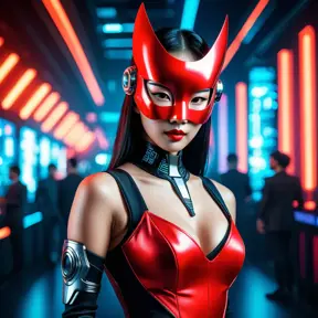 Asian cyberpunk feme fatale in expensive red dress with mask at a masquerade ball smart but dangerous in a high-tech club., Cyberpunk, Photo Realistic