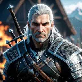 Heavily armed Geralt in The Witcher 3 style, 4k, Highly Detailed, Beautiful, Cinematic Lighting, Sharp Focus, Volumetric Lighting, Closeup Portrait, Concept Art