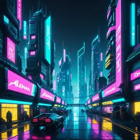 Dystopian Cyberpunk 2077 city at night, 8k, Hyper Detailed, Intricate Details, Trending on Artstation, Epic, Comic, Sharp Focus, Deviantart, Beautifully Lit by Alena Aenami