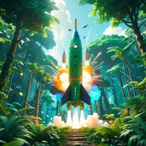 Studio ghibli, rocket explosion, jungle, solar, green technology, optimist future, 8k, Bokeh effect, Cinematic Lighting, Octane Render, Iridescence, Vibrant by Beeple, Asher Brown Durand, Dan Mumford, Greg Rutkowski, WLOP