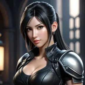 Alluring matte portrait of a beautiful Tifa Lockhart wearing black leather, 8k, Highly Detailed, Intricate, Half Body, Realistic, Sharp Focus, Volumetric Lighting, Fantasy, Elegant by Stanley Artgerm Lau, WLOP