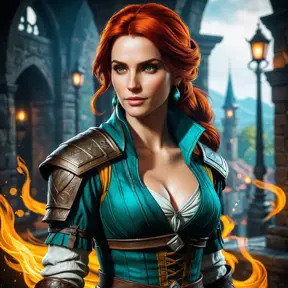 Triss Merigold from The Witcher in Assassin's Creed style, Highly Detailed, Vibrant Colors, Ink Art, Fantasy, Dark by Stanley Artgerm Lau