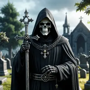 Portrait of the grim reaper in a graveyard, 8k, Gothic and Fantasy, Elden Ring, Photo Realistic, Dynamic Lighting by Greg Rutkowski