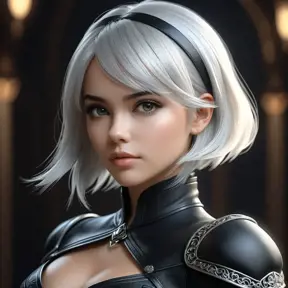 Alluring matte portrait of a beautiful 2B wearing black leather, 8k, Highly Detailed, Intricate, Half Body, Realistic, Sharp Focus, Volumetric Lighting, Fantasy, Elegant by Stanley Artgerm Lau, WLOP