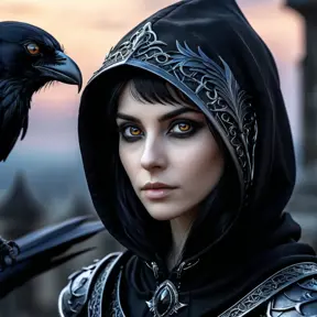 Intricate portrait of a horrifying pale assassin dusk elf, black hair, black eyes, fully covering black hooded armor, ravens, 8k, Gothic and Fantasy, Beautiful, Sci-Fi, Photo Realistic