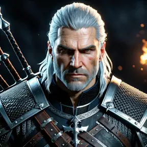 Heavily armed Geralt in The Witcher 3 style, 4k, Highly Detailed, Beautiful, Cinematic Lighting, Sharp Focus, Volumetric Lighting, Closeup Portrait, Concept Art