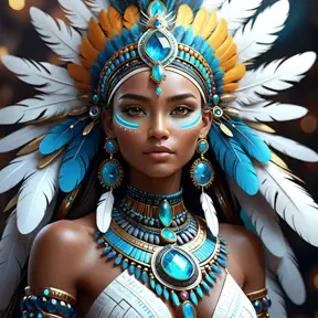 A visionary painting of a single alluring electronic mystical tribal goddess surrounded by feathers and gemstones, 8k, Highly Detailed, Intricate, Artstation, Matte Painting, Sharp Focus, Volumetric Lighting, Concept Art by Stanley Artgerm Lau, Greg Rutkowski