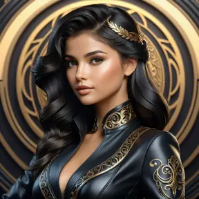 Alluring matte portrait of the beautiful goddess Selena in black leather in the style of Stefan Kostic, 8k, Highly Detailed, Intricate, Realistic, Sharp Focus, Volumetric Lighting, Fantasy, Elegant by Stanley Artgerm Lau, Alphonse Mucha, WLOP