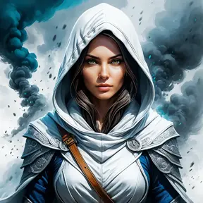 Female white hooded Assassin emerging from the fog of war, Highly Detailed, Vibrant Colors, Ink Art, Fantasy, Dark by Stefan Kostic