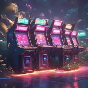 80s futuristic outdoor retro arcade, desolate, lush vegetation, Highly Detailed, Intricate, Artstation, Sharp Focus, Smooth, Octane Render, Centered, Dynamic, Elegant by Beeple, Justin Gerard, James Gilleard, Simon Stalenhag